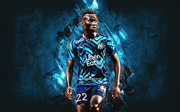 Pape Gueye, Olympique de Marseille, French footballer, Ligue 1, France, blue stone background, soccer HD wallpaper