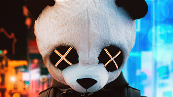 Panda Glowing Eyes City , panda, mask, artist, artwork, digital-art HD wallpaper