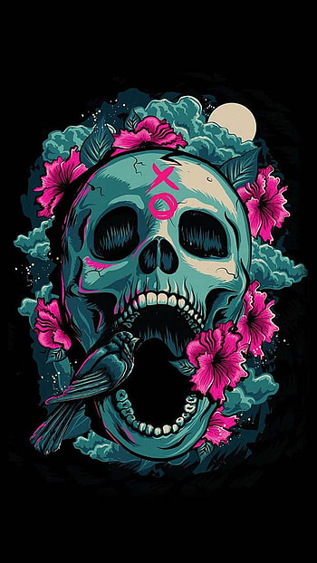 Skull and Roses, pink flower, dark, skull HD phone wallpaper