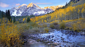 Autumn at the Maroon Bells, Colorado, usa, creek, fall, colors, trees, sky, rocks HD wallpaper