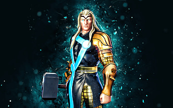 Gold Foil Thor, , blue neon lights, Fortnite Battle Royale, Fortnite characters, Gold Foil Thor Skin, Fortnite, Gold Foil Thor Fortnite HD wallpaper