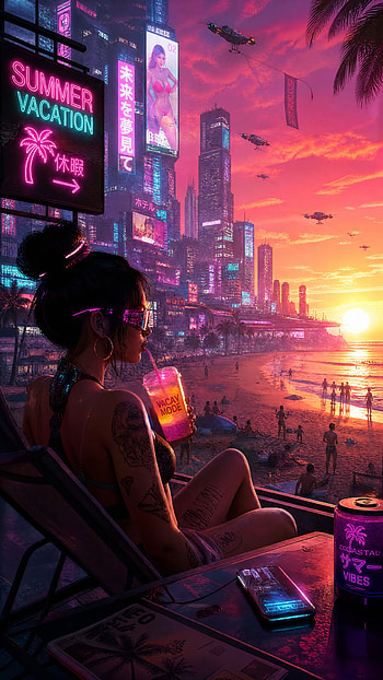 Neon Summer Vacation, Woman, Cyberpunk, Beach HD phone wallpaper