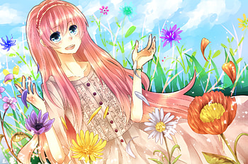 Megurine Luka, blue, luka, awesome, cute, vocaloid, dress, beauty, nice, vocaloids, aqua eyes, happy, program, smile, girl, aqua, beautiful, pink hair, diva, pink, anime, pretty, green, cool, megurine, clouds, sky, flowers, idol, virtual HD wallpaper