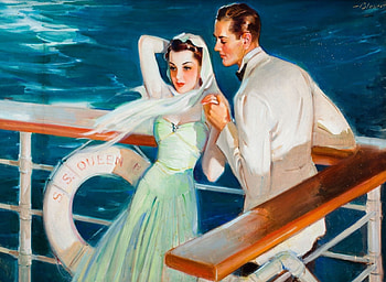 Romantic walk by August Bleser, blue, ship, dress, walk, painting, August Bleser, water, ocean, vintage, sea, art, man, girl, lovers, woman, retro, love, romantic HD wallpaper