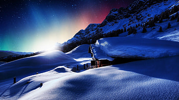 Winter Sunrise, winter, night, morning, stars, polar lights, sunrise, snow, trees, sun, hill, house, landscape, coldness, mountain, cabin, SkyPhoenixX1, hut, nature, sky, ice HD wallpaper