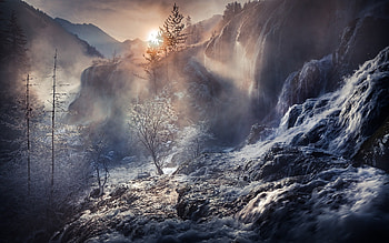 Fog Nature Sunbeam Waterfall Winter, sunbeam, nature, waterfall, fog HD wallpaper