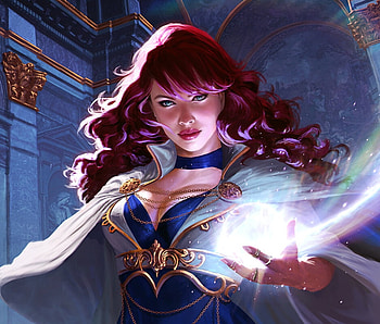 Spellblade sorceress, sorceress, blue, fantasy, redhead, girl, caterina kalymniou, hand HD wallpaper
