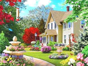 Summer Morning III, birds, attractions in dreams, garden, paintings, houses, summer, butterflies, love four seasons, cottages, butterfly designs, nature, flowers, mountains, home HD wallpaper