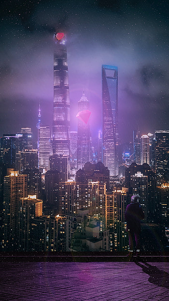 Diamond Power, cobertura, escuro, cidade, pink, pessoa, city, clouds, building, prédios, luzes, dark, diamante, lights, rain, roof, olhando, night, nuvens, poder, people, looking, noite, rosa, chuva HD phone wallpaper