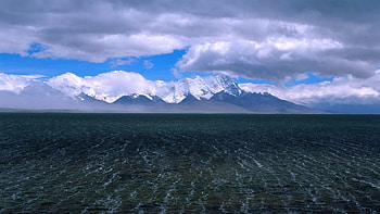 wonderful seascape, sea, waves, snow, clouds, mountains HD wallpaper