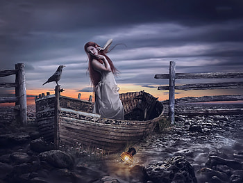blue, boat, bird, girl, summer, raven, fantasy, fence, luminos, lantern, pasari, water, vara HD wallpaper
