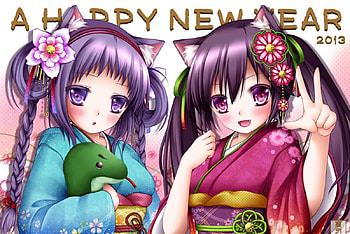 Anime, kimono, neko, flowers, newyear HD wallpaper