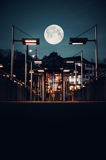 Night, Moon, Building, Lights, Dark, Lanterns HD phone wallpaper