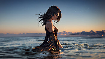 Peaceful Anime Asian Woman In Ocean At Sunset, anime, asian, woman, ocean, sunset, sky, artist, artwork, art, digital-art, ai, deviantart HD wallpaper