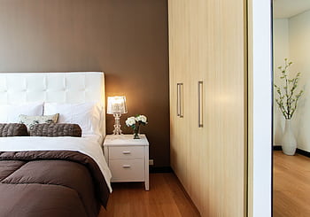 Elegant bedroom with modern furniture, soft lighting, and cozy ambiance. HD wallpaper