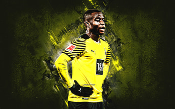 Youssoufa Moukoko, Borussia Dortmund, German football player, yellow stone background, football, Bundesliga, Germany HD wallpaper