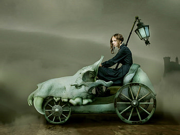 The Ride, fog, hills, car, lantern, castle, woman HD wallpaper