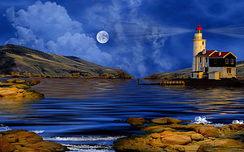 MYSTIQUE MOONLIGHT, lighthouse, moon, art, light, ocean HD wallpaper