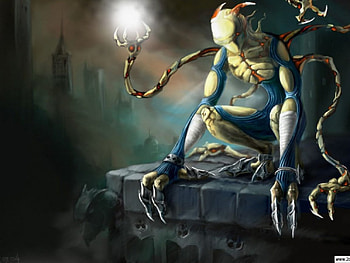 The Horror Above the City, night, ledge, buildings, skyscrapers, moon, creature HD wallpaper