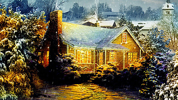Christmas Cottage, lights, snow, house, landscape, trees HD wallpaper