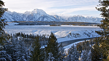 Snow, river, nature, mountain HD wallpaper