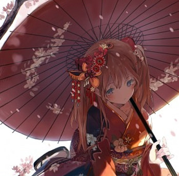 Azuka Langley, umbrella, kimono, cute, red hair, long hair, beauty, lady, cherry blossom, female, sweet, soft, girl, beautiful, woman, anime girl, anime, pretty, red, lovely HD wallpaper