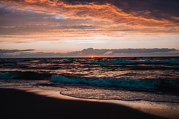 Nature, Sunset, Sea, Waves, Beach, Horizon HD wallpaper
