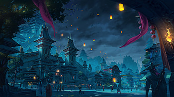 Night, fantasy, junchao, blue, world, lantern, castle HD wallpaper