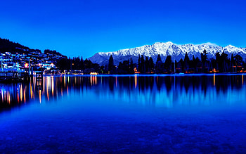 Queenstown and Lake Wakatipu, Dusk, New Zealand, Blue mountains, Lake, Night HD wallpaper
