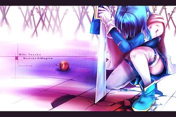 Miki Sayaka, mahou shoujo madoka magica, anime, weapon, blue hair, girl HD wallpaper