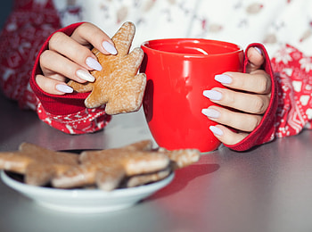 For Santa?, craciun, christmas, red, cookie, cup, woman, hand HD wallpaper