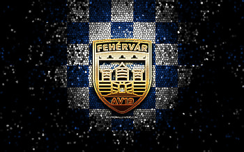 Fehervar AV19, glitter logo, ICE Hockey League, blue white checkered background, hockey, austrian hockey team, Fehervar AV19 logo, mosaic art HD wallpaper