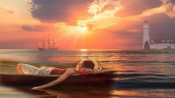 nostalgia at sunset, sea, boat, Girl, sailboat, sunset HD wallpaper