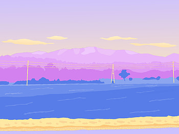 River, mountains, pink mountains, minimal, art HD wallpaper