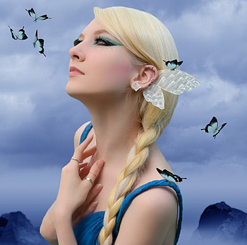 ✫Butterfly Nymph✫, emotional, Butterfly Nymph, digital art, dress, butterflies, animals, bright, lips, female, wings, sweet, eyes, flying, beautiful, rocks, fantasy, pretty, manipulation, face, clouds, sky, models, girls, women, lovely, hair HD wallpaper