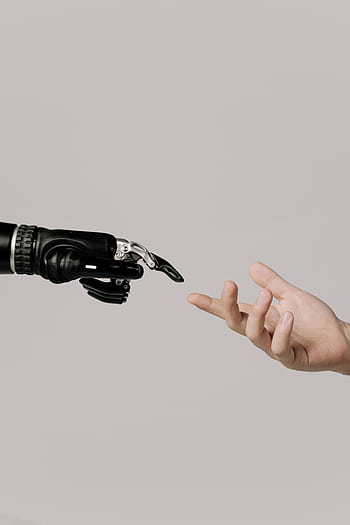 A human hand reaching to touch a bionic prosthetic hand on a white background. HD phone wallpaper