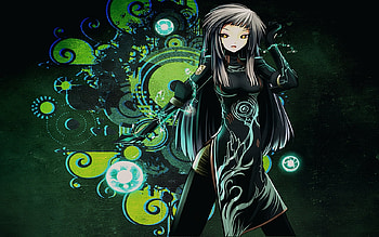 Electric, sexy, yellow eye, hot, cute, girl, black hair, long hair, dress, anime girl, anime, abstract, green, female HD wallpaper