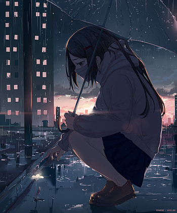 City girl, alone, umbrella, lonely, cute, anime, building HD phone wallpaper