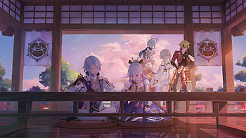Inazuma Reunion: Lumine, Paimon, Ayato, Ayaka & Thoma —, Thoma (Genshin Impact), Lumine (Genshin Impact), Paimon (Genshin Impact), Kamisato Ayato, Kamisato Ayaka (Genshin Impact), video game, Genshin Impact HD wallpaper