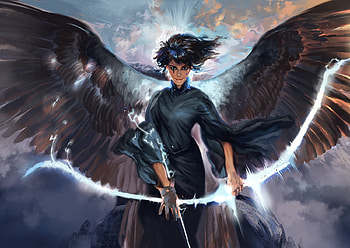 Angel, wings, black, fantasy, archer, humans and gods, amelie hutt, eva HD wallpaper