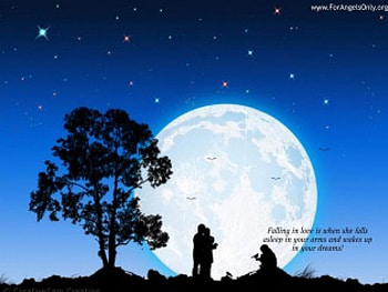 For the Sake of Love, saying, moon, couple, silhouettes, stars, tree HD wallpaper