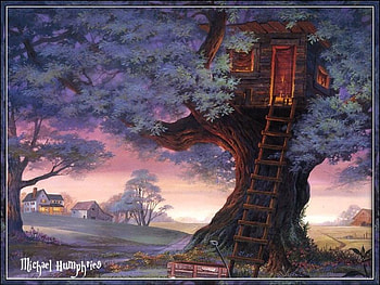 Tree House, wagon, barn, window, house, ladder, leaves, door, field, trees HD wallpaper