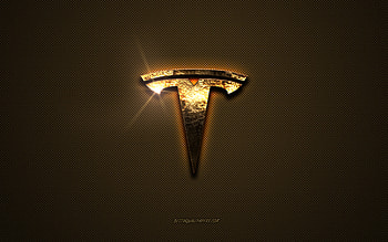 Tesla golden logo, artwork, brown metal background, Tesla emblem, Tesla logo, brands, Tesla HD wallpaper