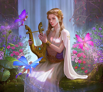 Princess, girl, blue, frumusete, garden, fairy, summer, instrument, pink, fantasy, flower, royal nine, luminos, vara HD wallpaper