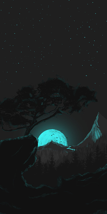 Sunset Blue Version, aesthetic, dark theme, moon, nature, dark, minimalist, scenery, sun HD phone wallpaper