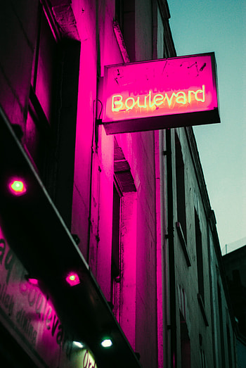 Building, Words, Neon, Glow, Sign, Signboard, Street, Boulevard HD phone wallpaper