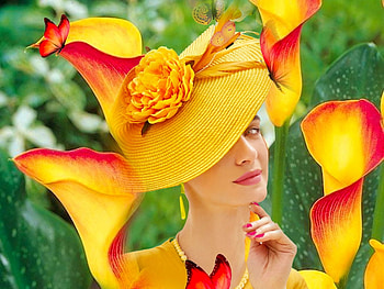 Colorful Summer, colorful, white, vibrant, dress, butterflies, vivid, green, red, yellow, flower, bright, bold, flowers, hat HD wallpaper