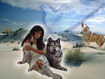 american indian, spirit dove, girl, sand, wolfves HD wallpaper