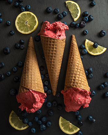 Fruits, Food, Bilberries, Ice Cream, Lemon, Lobules, Slices, Wafer, Waffle HD phone wallpaper