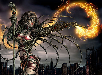 Witchblade, Sara Pezzini, Fire, Night, Comics, Buildings, Magic, Wand, Powerful HD wallpaper